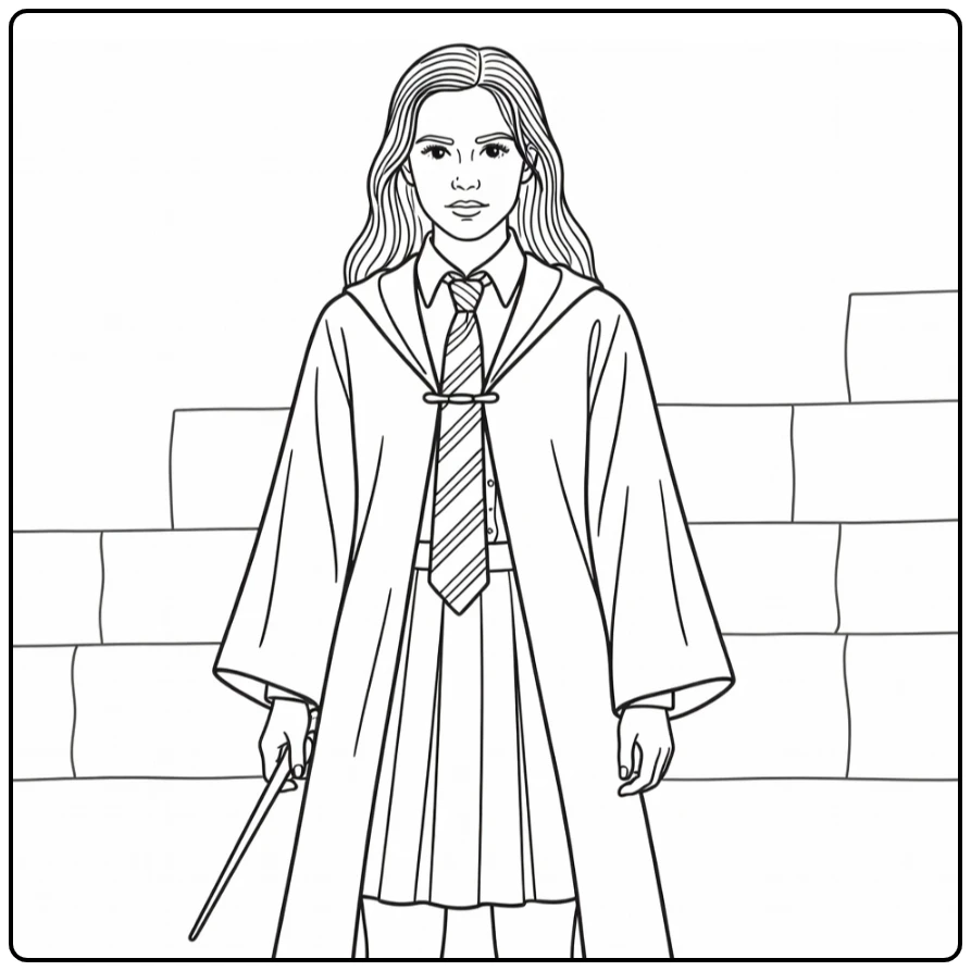 Ginny Weasley kleurplaat in uniform met toverstok