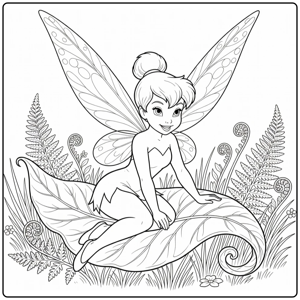 tinkerbell kleurplaat Tinkelbel op gekruld varenblad
