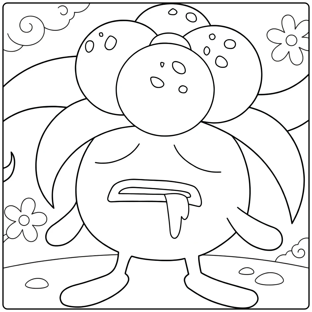 Gloom Kleurplaat Pokémon droevig met tong en bloemen