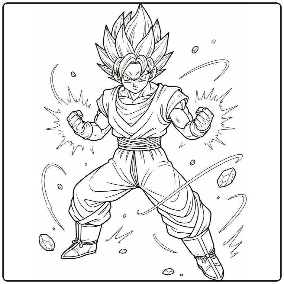 Gohan Kleurplaat: Vechtpose met vuisten en stekelhaar