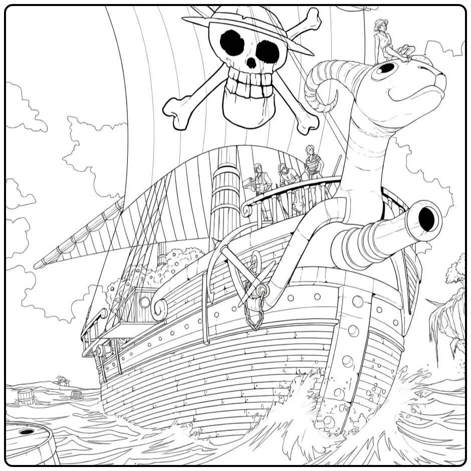 Going Merry kleurplaat met Luffy, dinosaurus en piratenschip