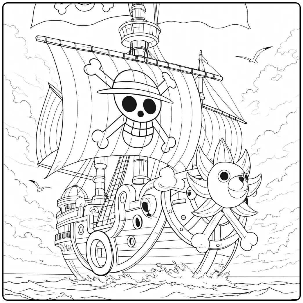 Going Merry kleurplaat: Luffy's piratenschip met vrienden
