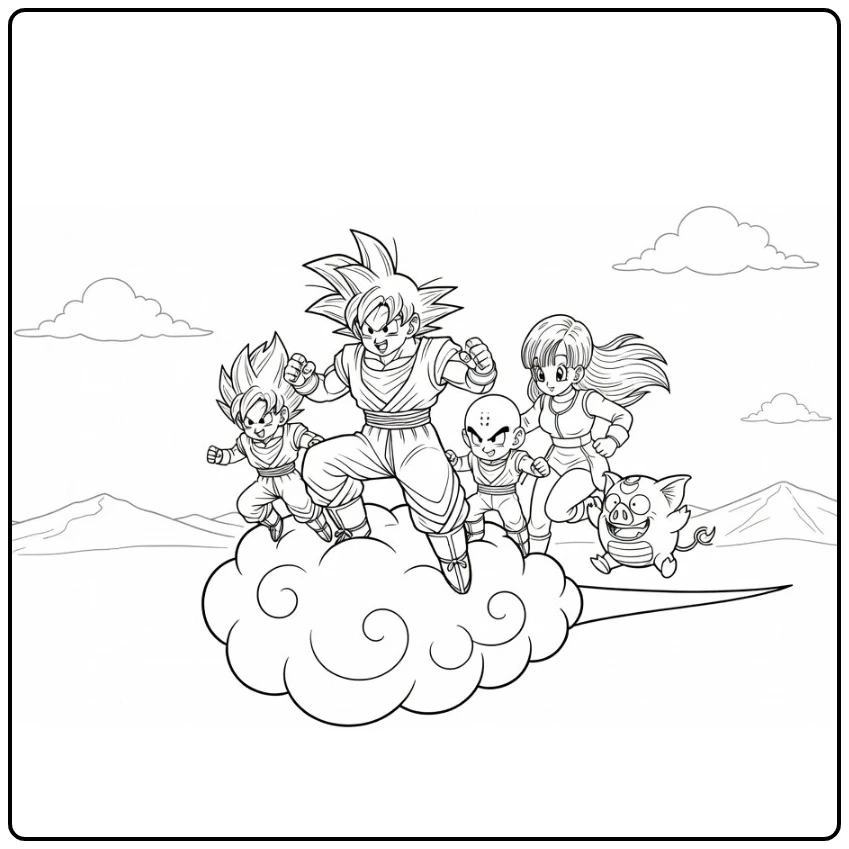 Dragon Ball kleurplaat: Goku op Nimbus met Gohan, Krillin, Bulma