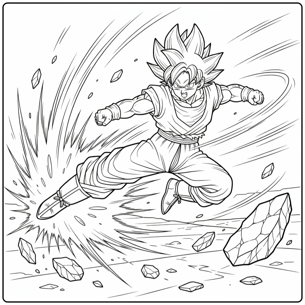 Goku kleurplaat: sprong met krachtige trap in gevecht
