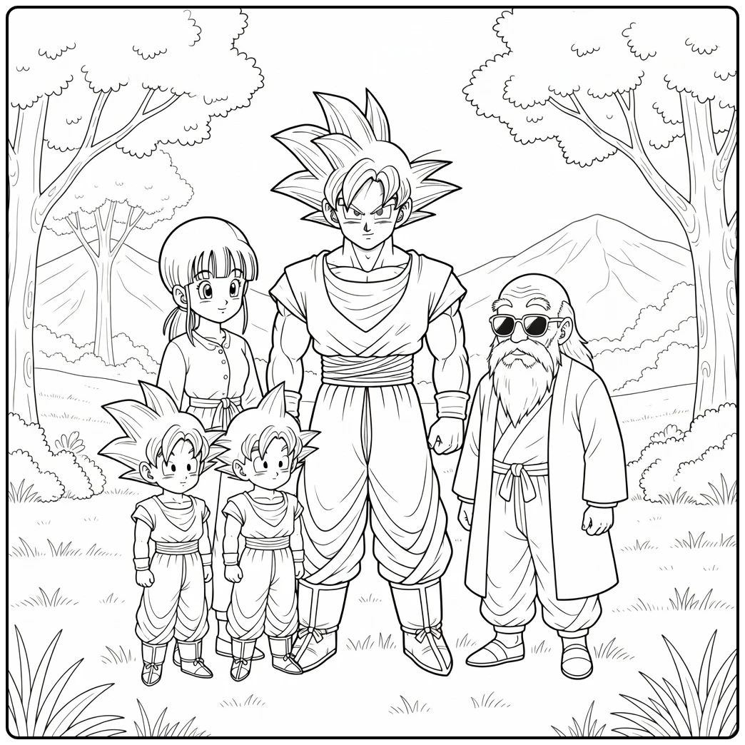 Goku kleurplaat: Goku met Chi-Chi, Gohan, Goten, Roshi