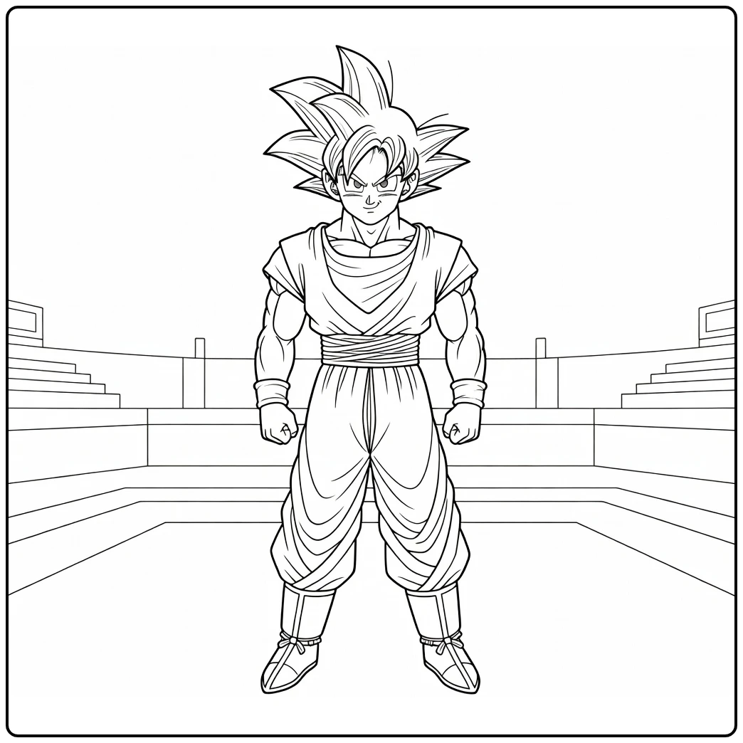 Goku kleurplaat: rustige trainingspose in arena