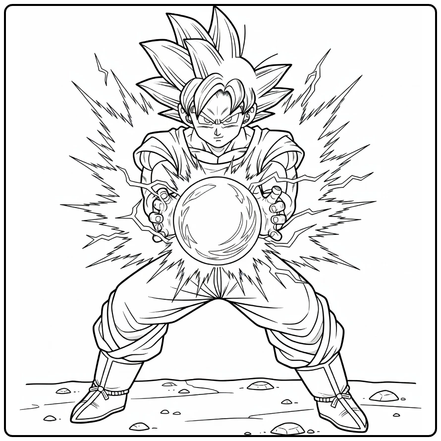 Goku kleurplaat: Goku laadt energiebal op tussen handen