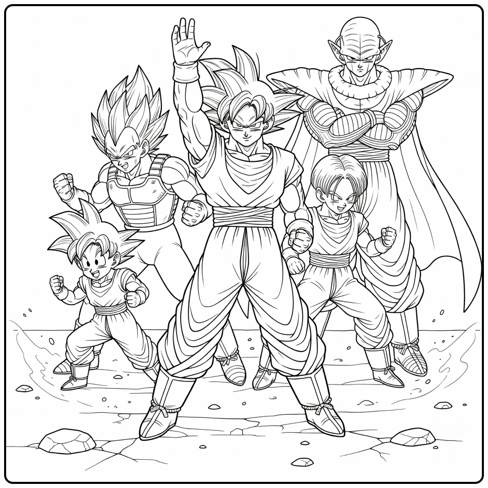 Goku kleurplaat: energie-aanval met Vegeta, Trunks, Piccolo, Goten