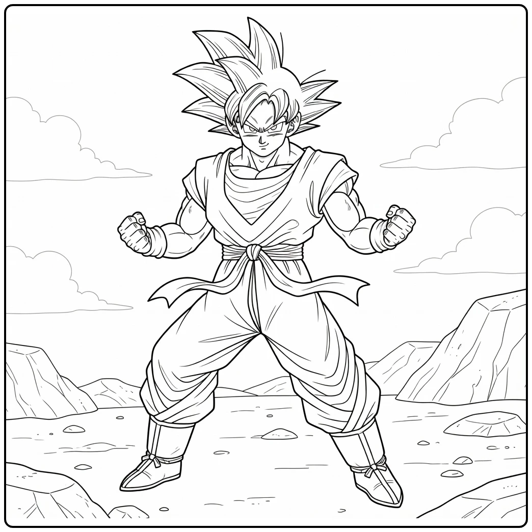 Goku kleurplaat: krachtige pose met stekelhaar en vuisten