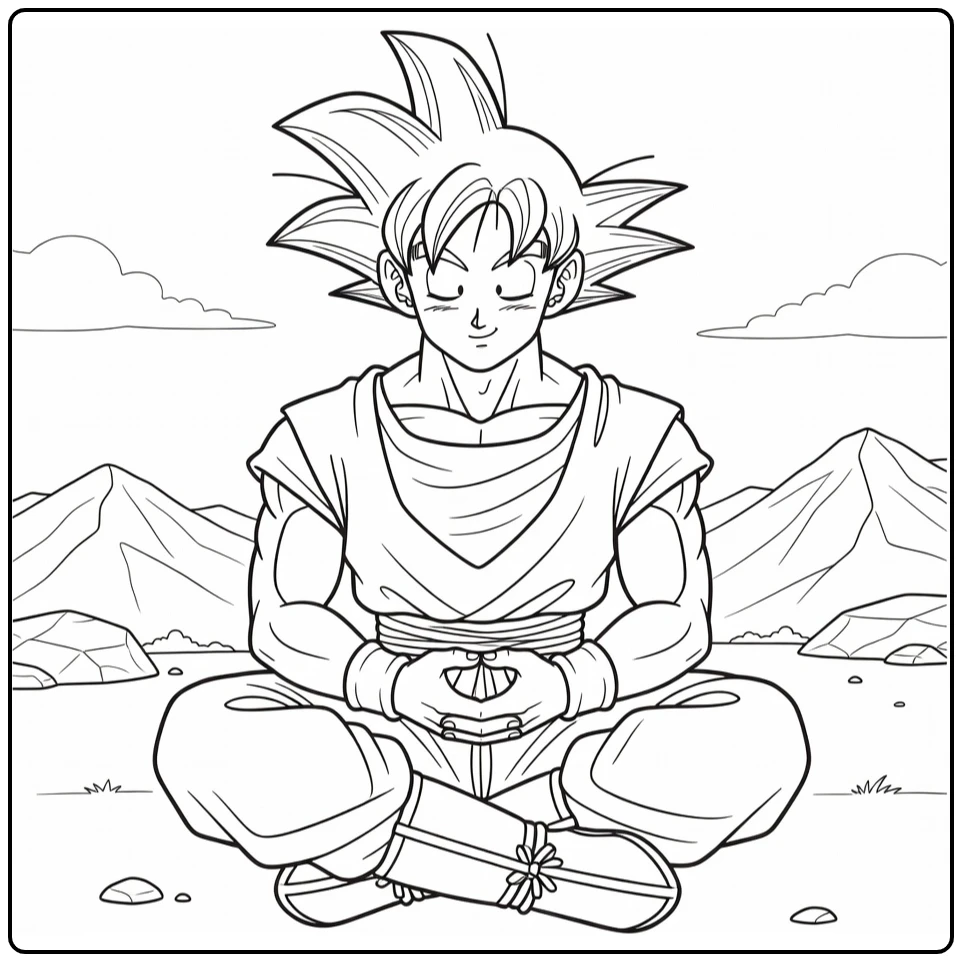 Goku kleurplaat: mediterende Goku kruisgepoten in bergen