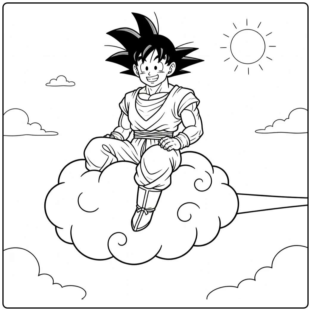 Goku kleurplaat: Goku op Vliegende Nimbus vrolijk lachend