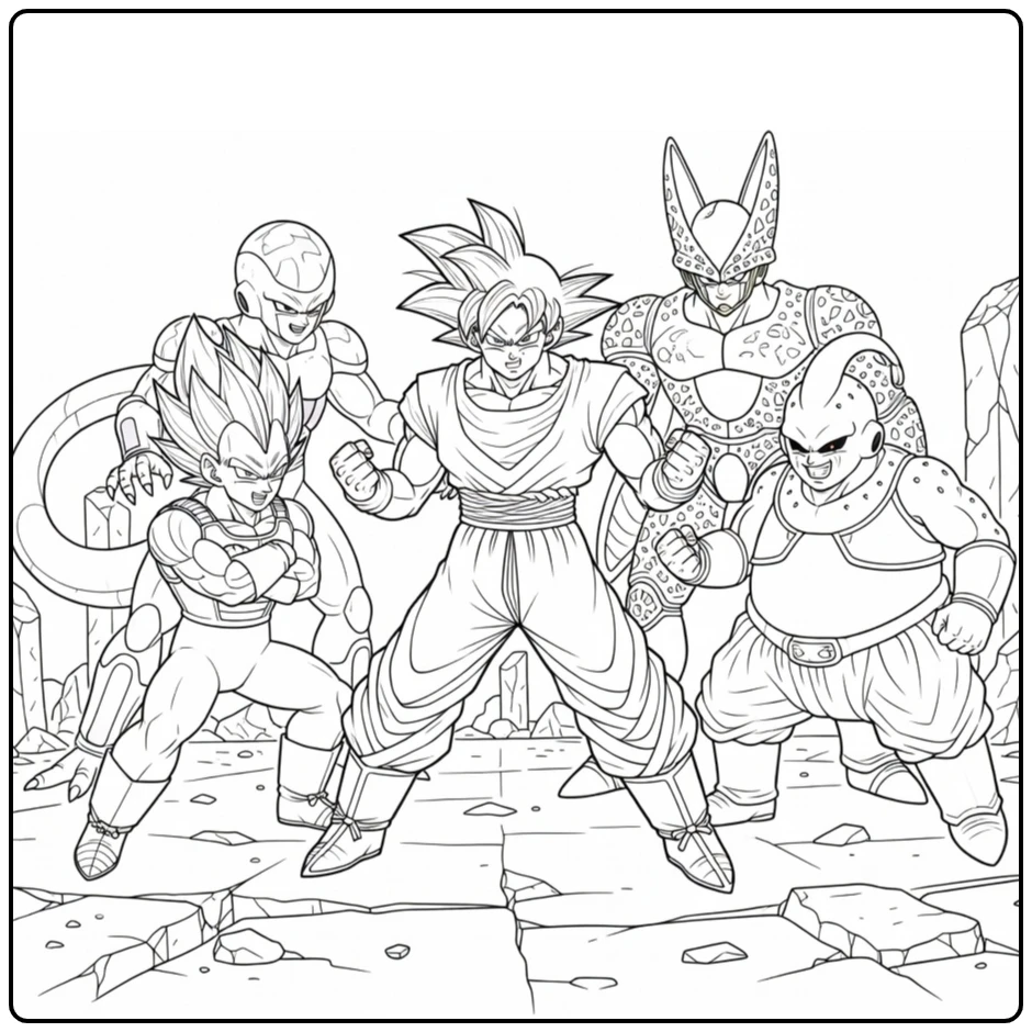 Goku kleurplaat: intense confrontatie met Vegeta, Frieza