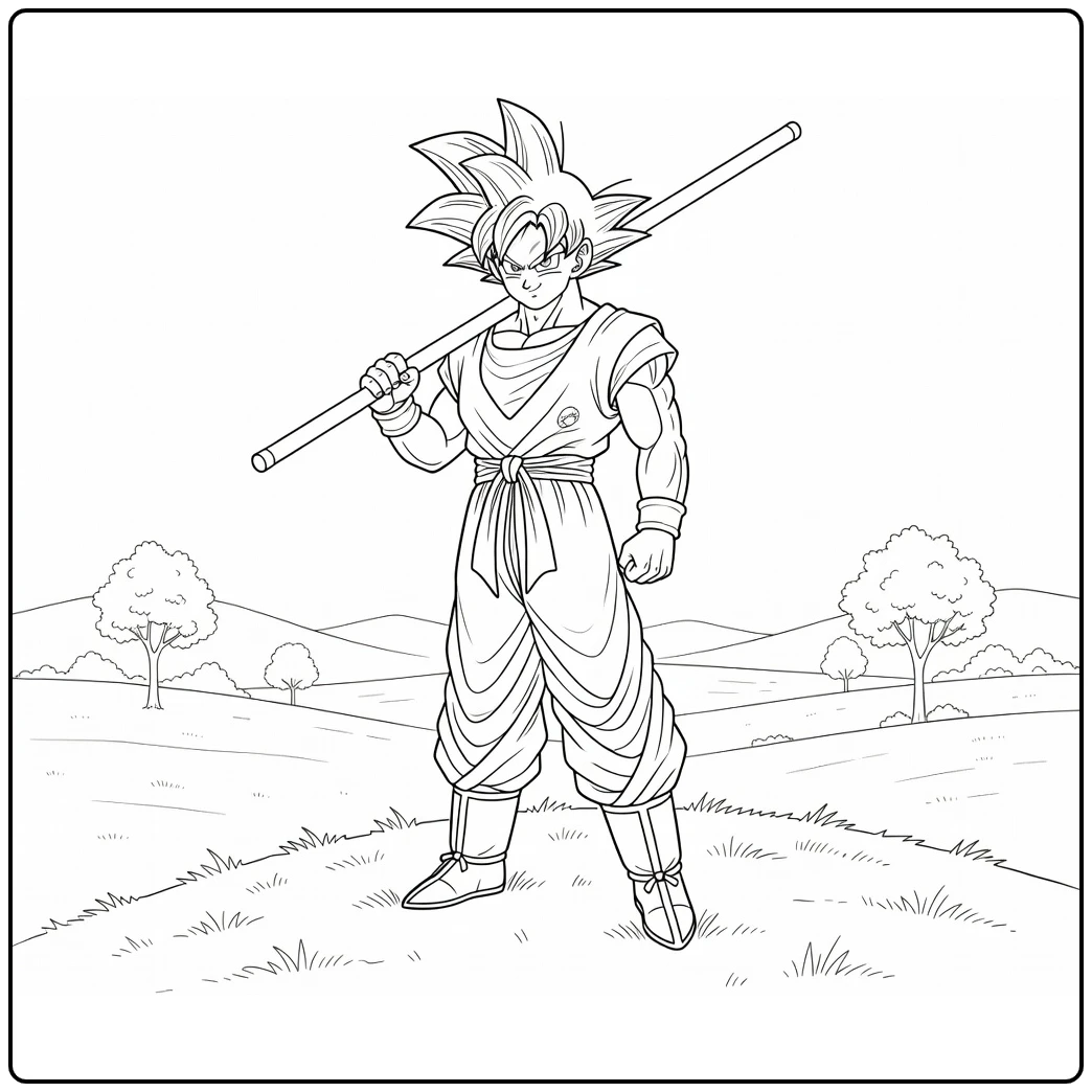 Goku kleurplaat: Goku met Power Pole over schouder op heuvel