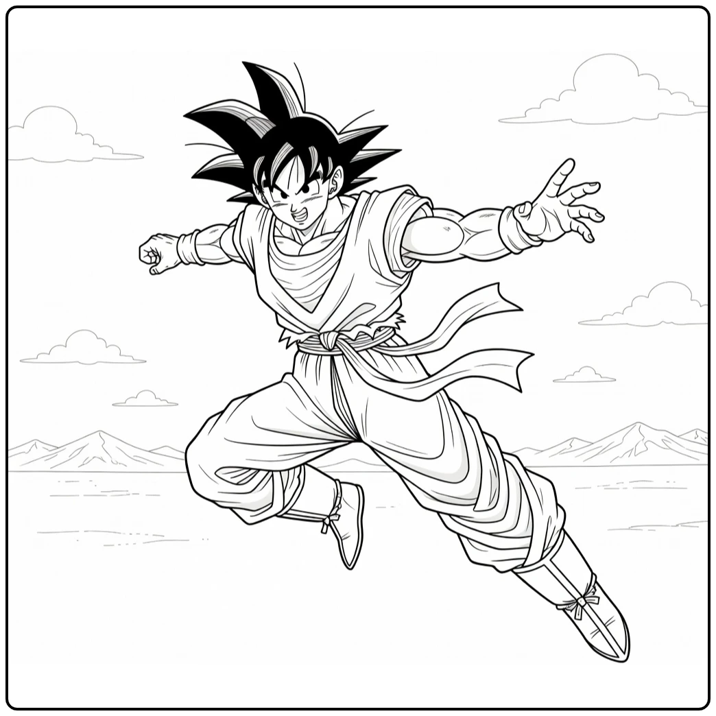 Goku kleurplaat: Goku vliegt met arm vooruit door lucht