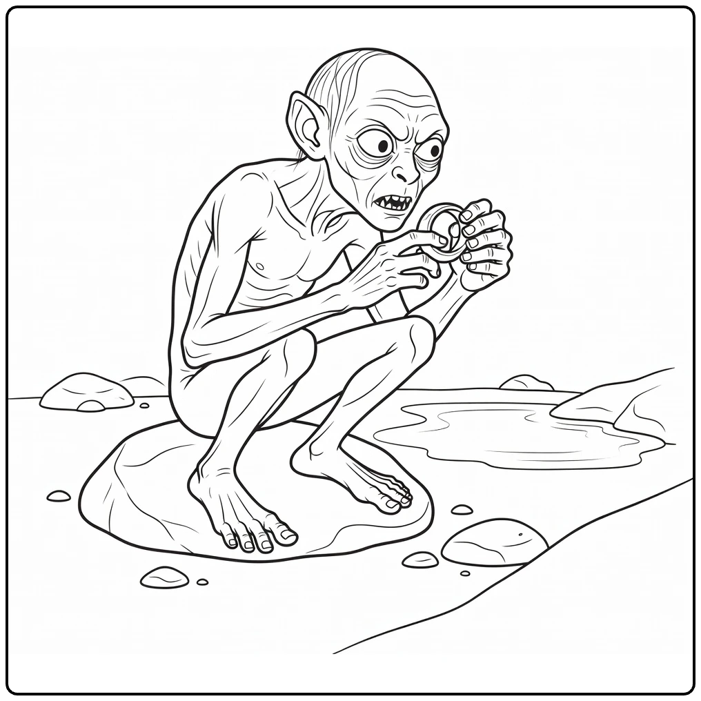 Gollum Kleurplaat: Gollum met Ene Ring in stille grot