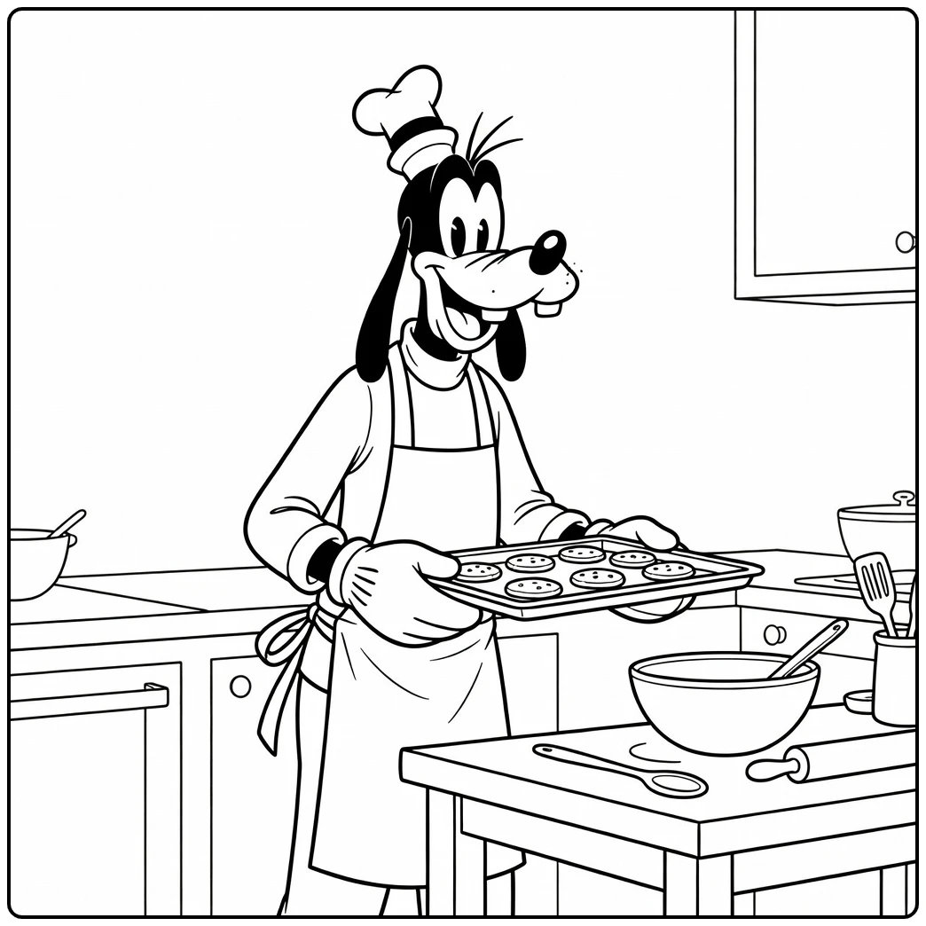 Goofy kleurplaat: Goofy bakt koekjes met schort