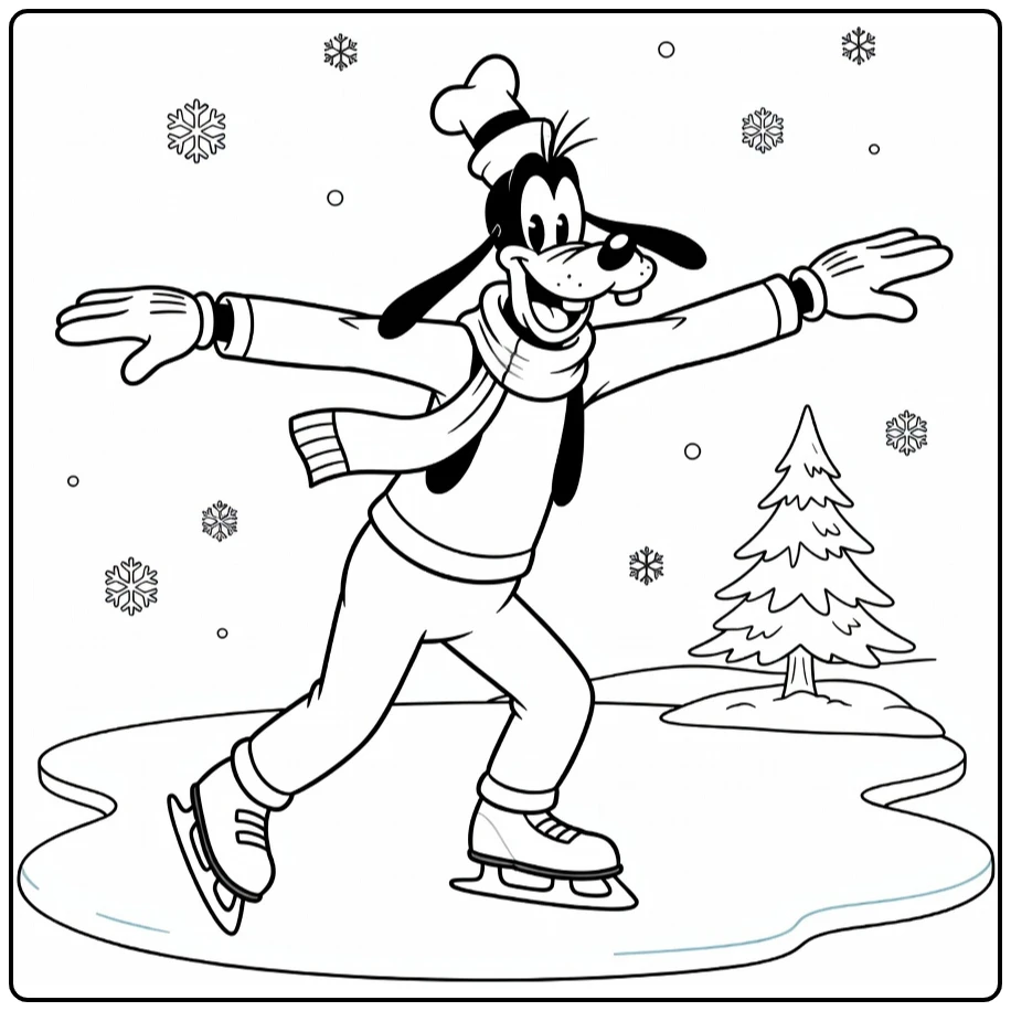 goofy kleurplaat: schaatsende Goofy met sjaal, armen wijd