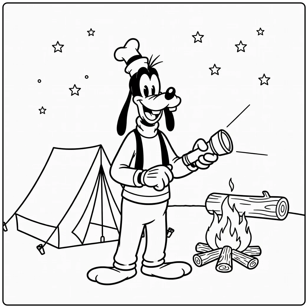 goofy kleurplaat: Goofy met tent, zaklamp en kampvuur