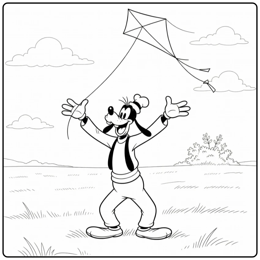 goofy kleurplaat: lachende Goofy met vlieger in veld