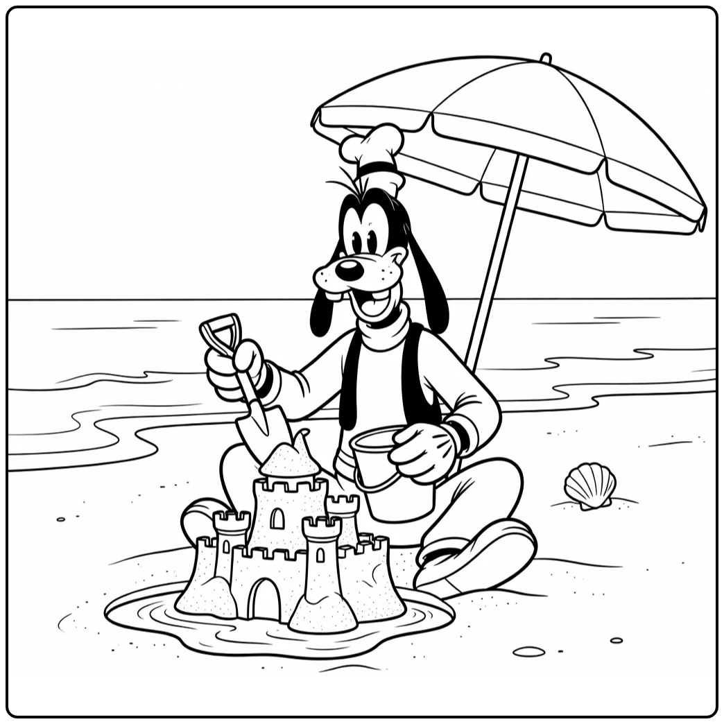 Goofy kleurplaat: Goofy bouwt zandkasteel op strand
