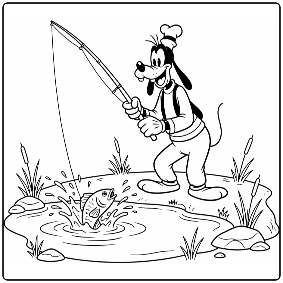 Goofy kleurplaat: Goofy vist vrolijk bij vijver met spettervis