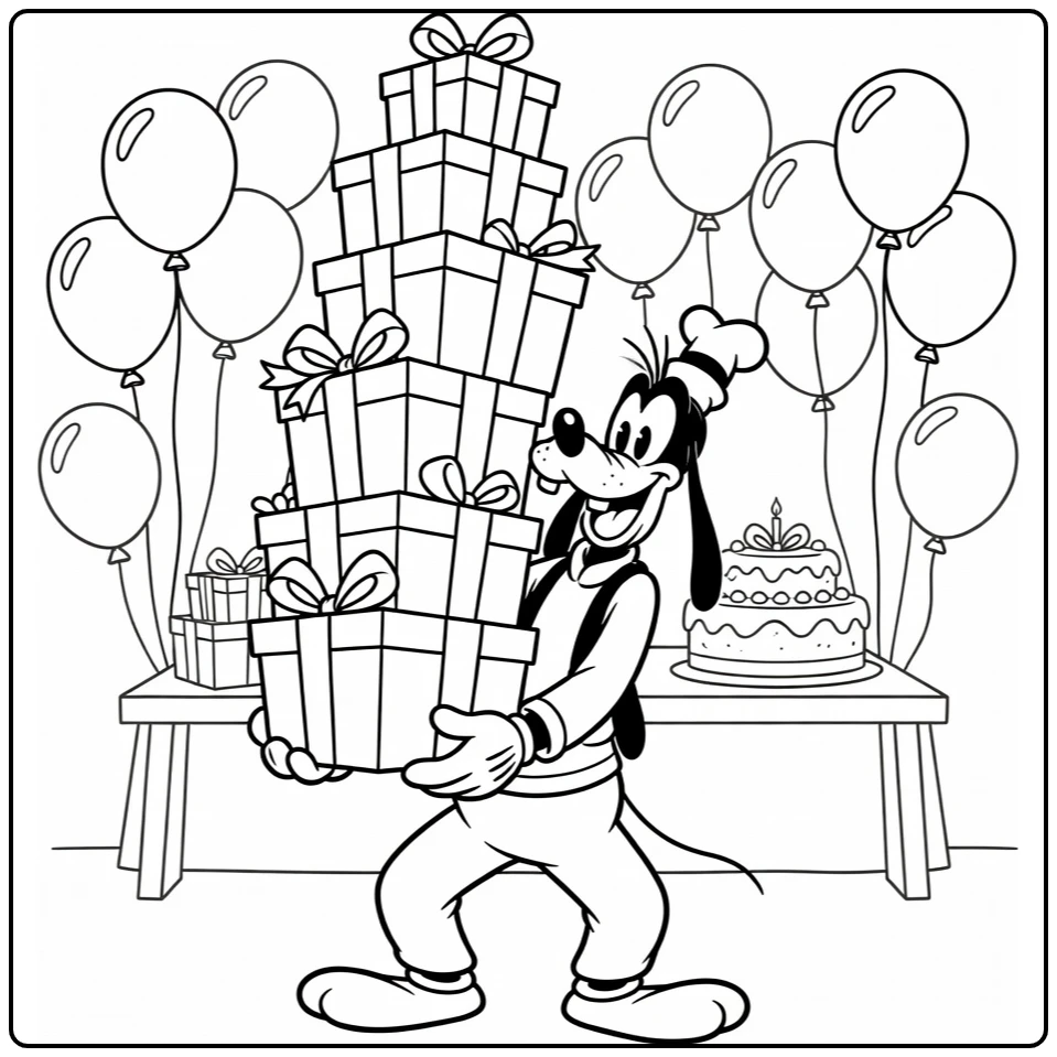 Goofy kleurplaat: Goofy draagt cadeaus bij verjaardag met ballonnen