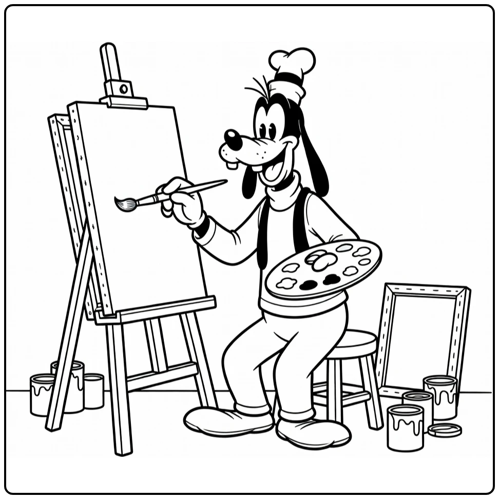 Goofy kleurplaat: Goofy schildert met kwast en palet