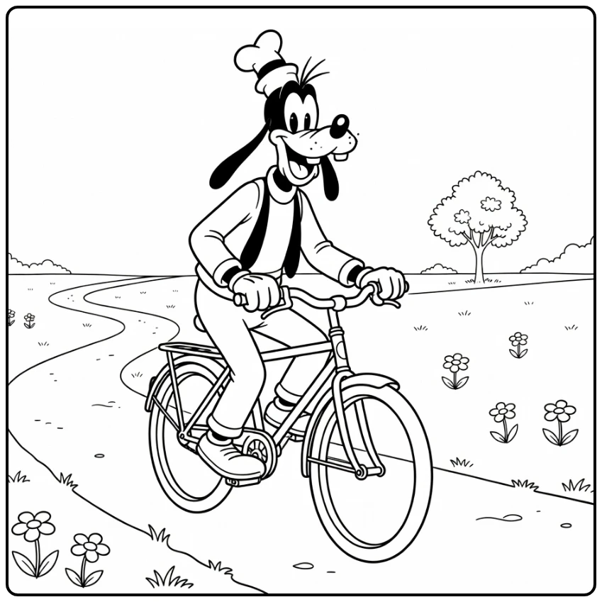 Goofy kleurplaat: lachende Goofy op fiets met hoed, vest, parkpad, bloemen