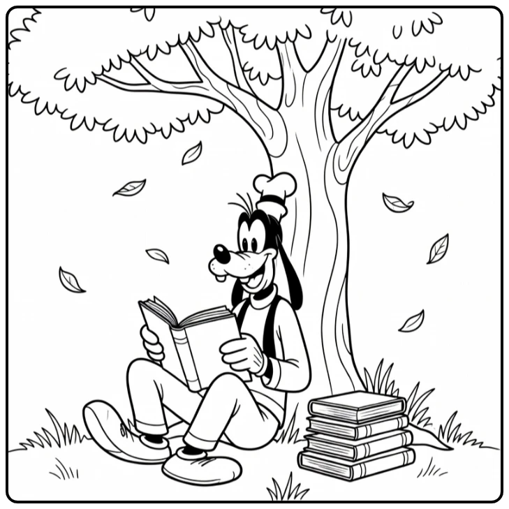 Goofy kleurplaat: Goofy leest boek onder boom met bladeren
