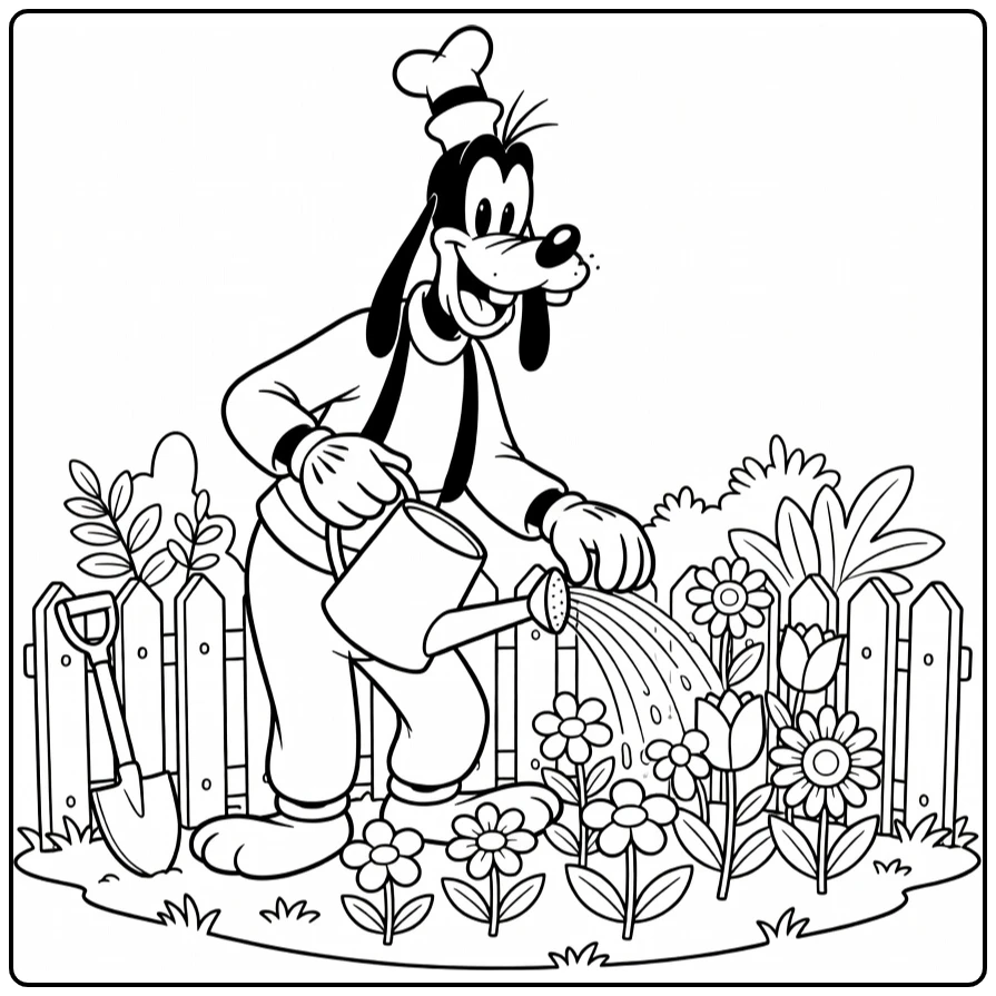 goofy kleurplaat: lachende Goofy giet bloemen met gieter