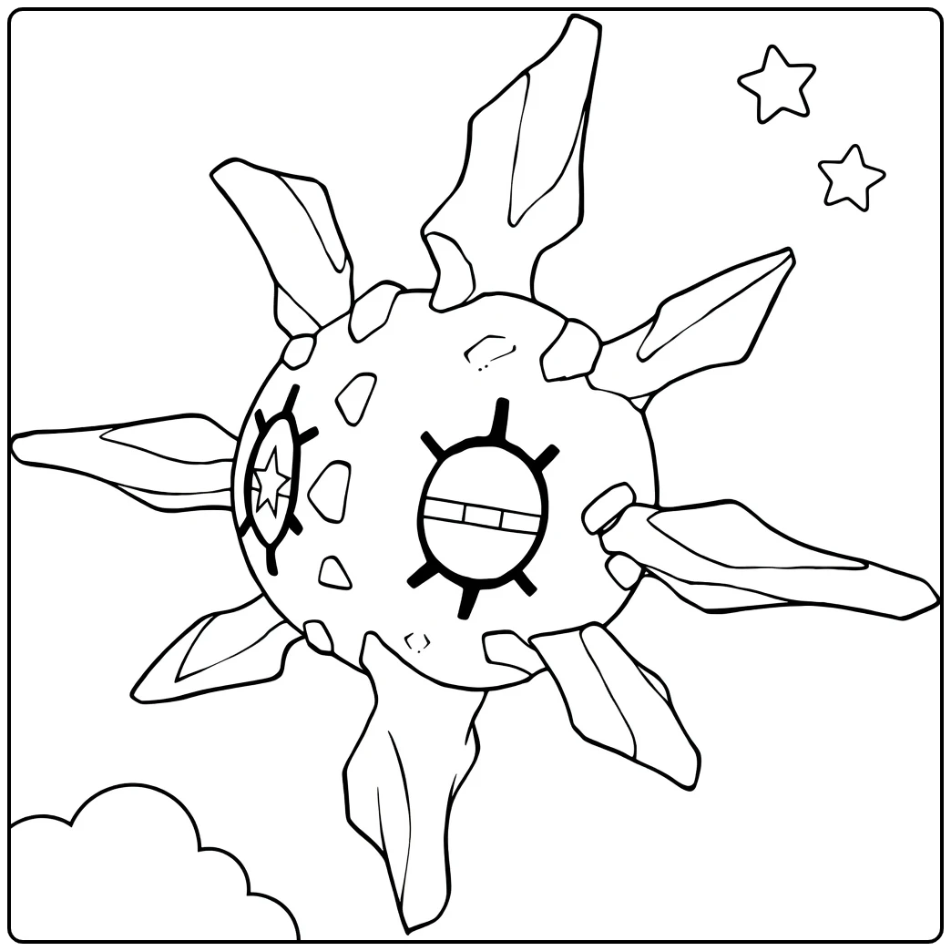 Pokemon Solrock kleurplaat met sterren en wolken