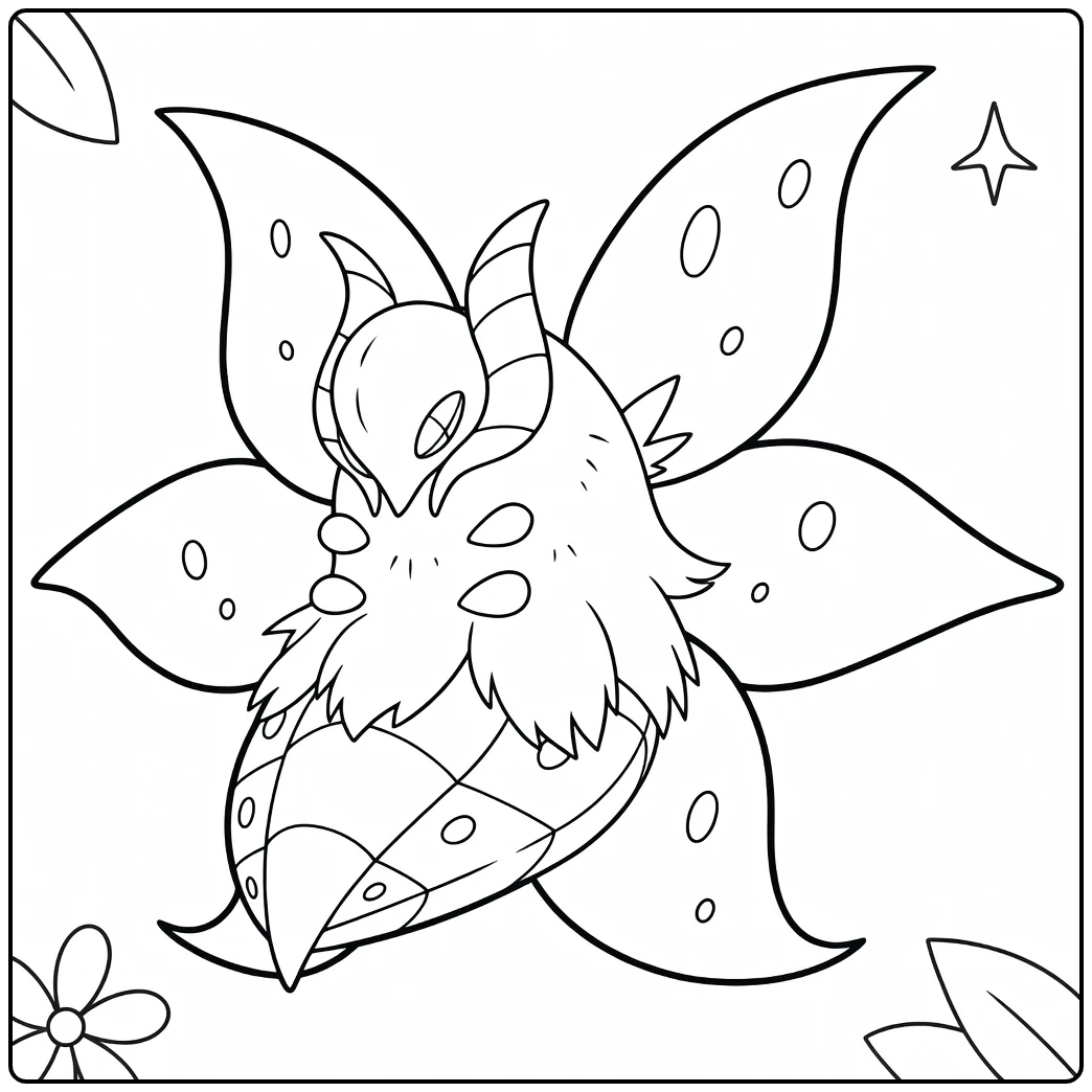 Pokemon Volcarona kleurplaat met vleugels en bloemen