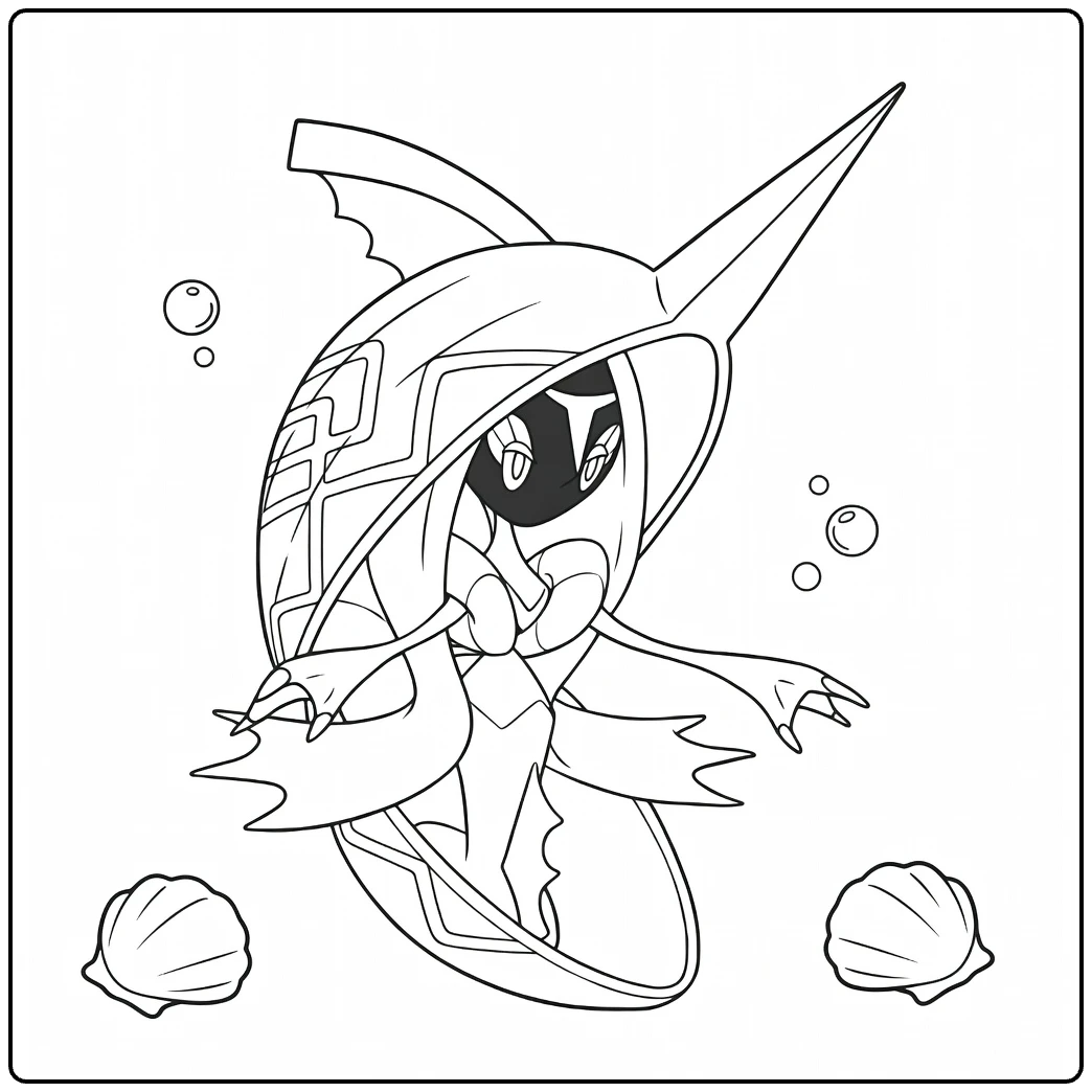 Tapu Fini Water Pokemon Kleurplaat met bellen en schelpen