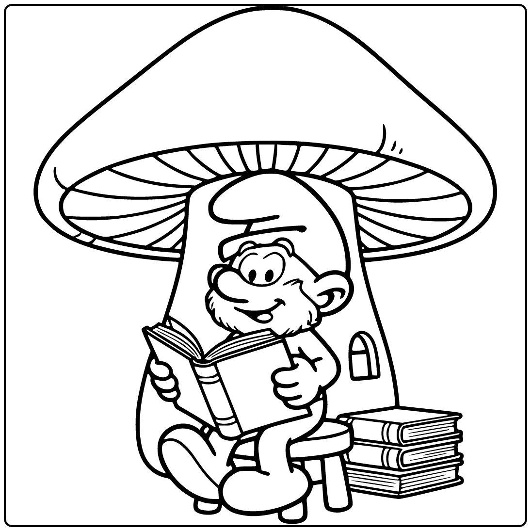 Grote Smurf kleurplaat: leest groot boek onder paddenstoeldak