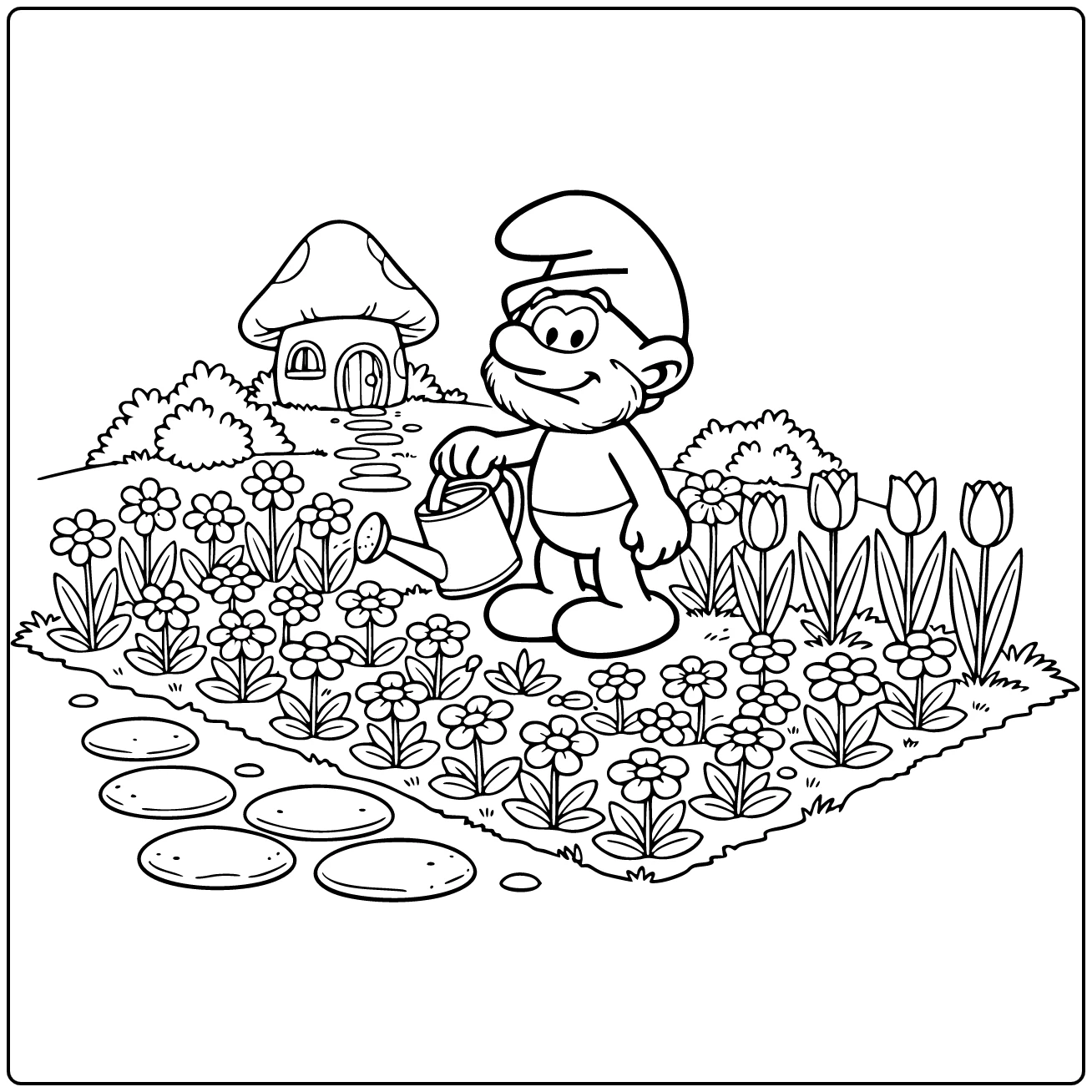 grote smurf kleurplaat: Grote Smurf water geeft aan bloemenperk