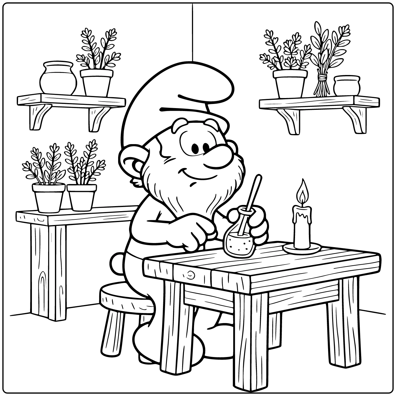 Grote Smurf kleurplaat: Grote Smurf mixt toverdrank aan houten tafel