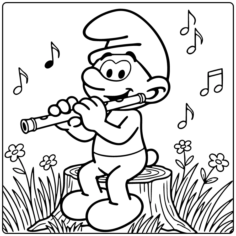 Grote smurf kleurplaat: Grote Smurf zit op boomstronk met fluit