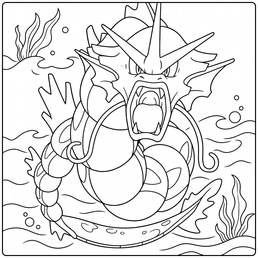 Gyarados Water Pokemon Kleurplaat - brullend in zee met bubbels