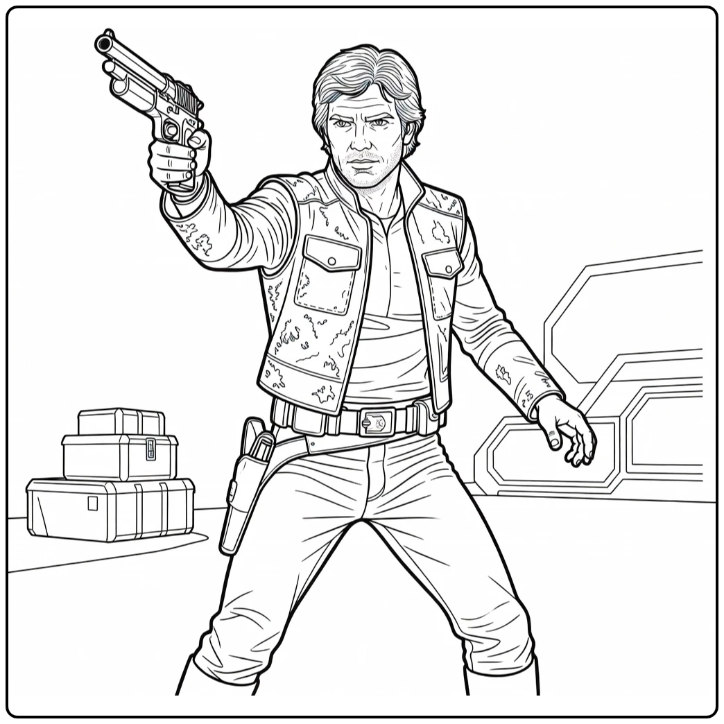 Han Solo Kleurplaat in actie met opgeheven blaster