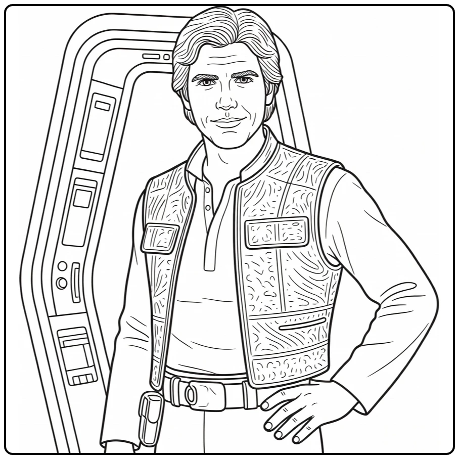 Han Solo Kleurplaat: heroïsch bij schip met vest en glimlach