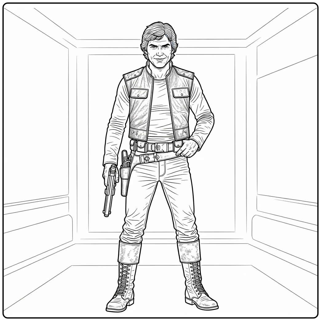 Han Solo Kleurplaat zelfverzekerd met blaster en kapsel