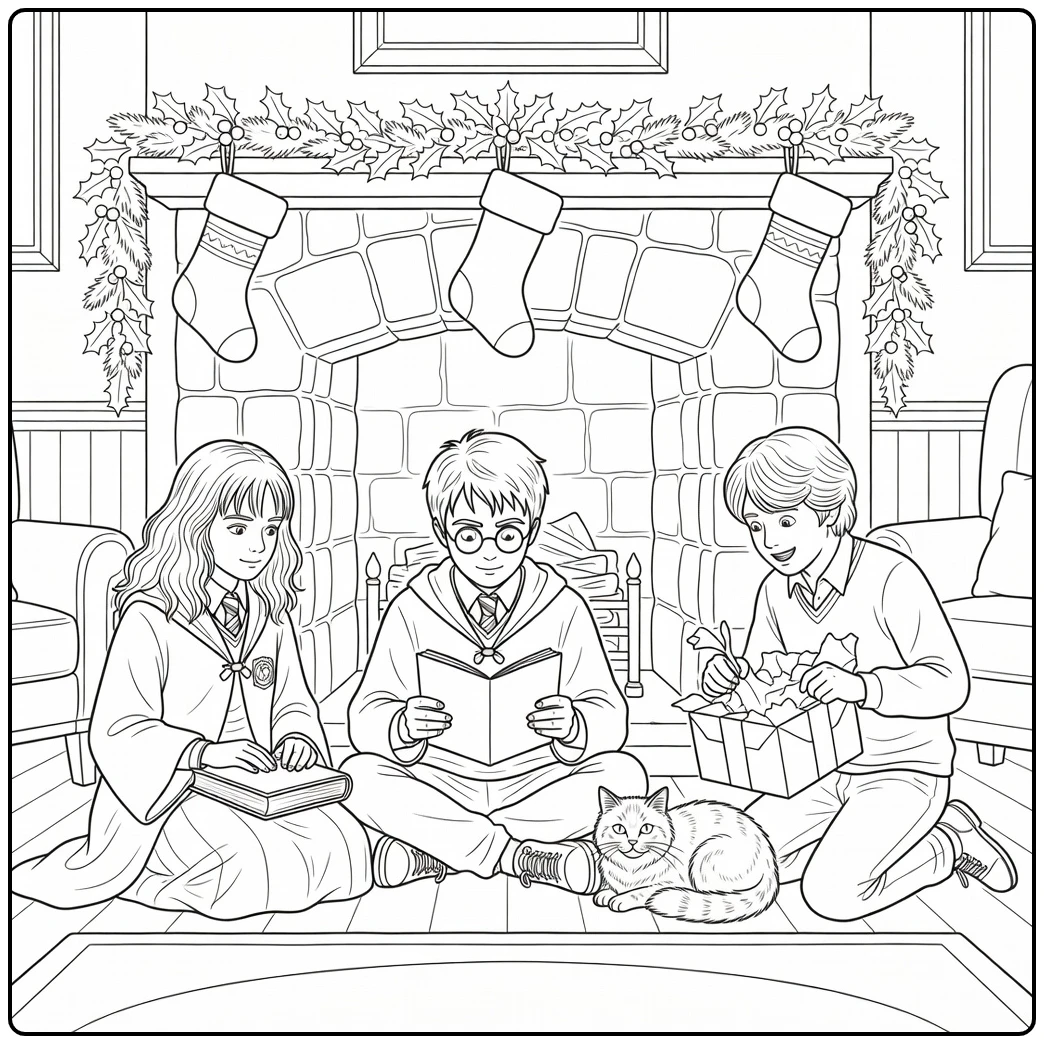 harry potter kerst kleurplaat Harry, Hermione, Ron bij haard