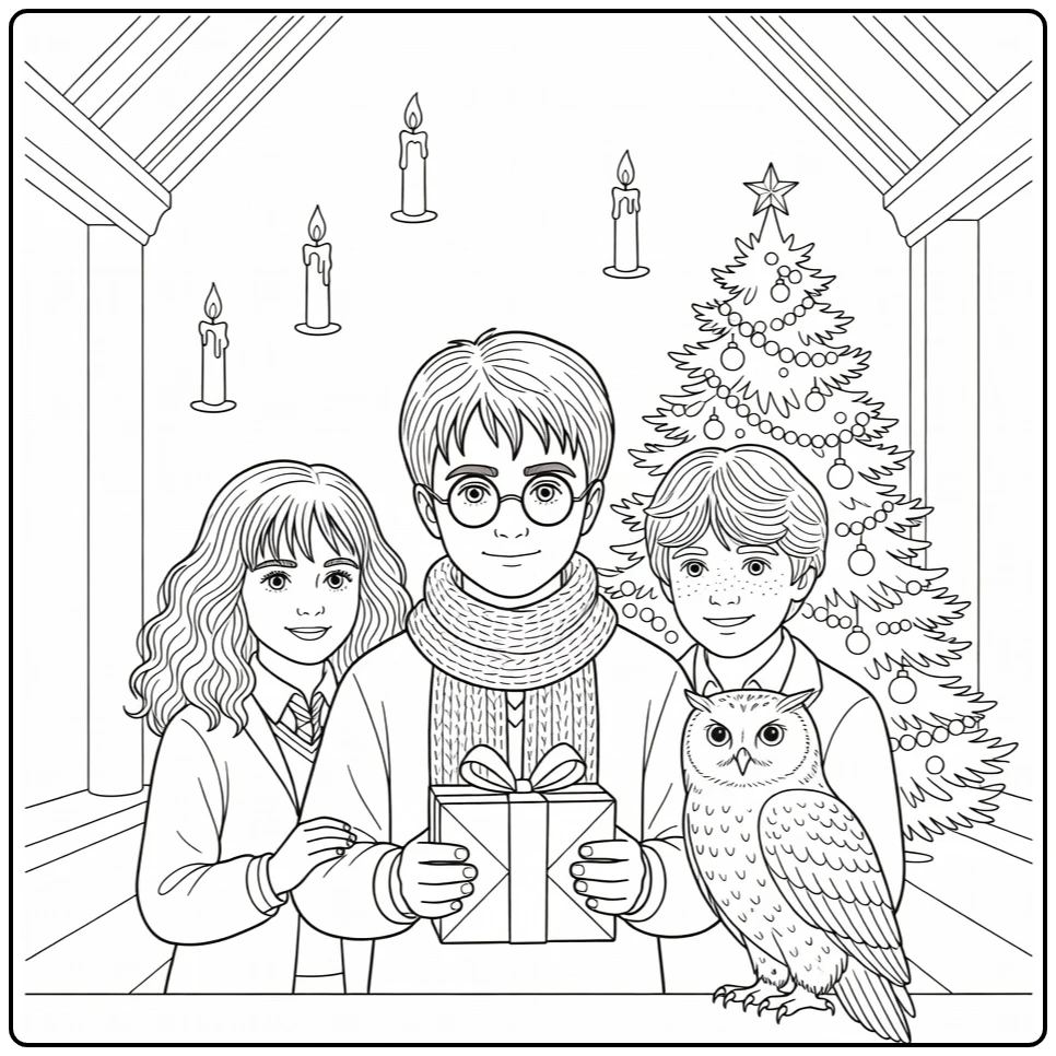harry potter kerst kleurplaat Harry met sjaal, cadeau, Hermione, Ron, Hedwig, boom