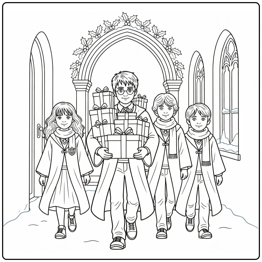 harry potter kerst kleurplaat Harry met cadeaus Hogwarts vrienden