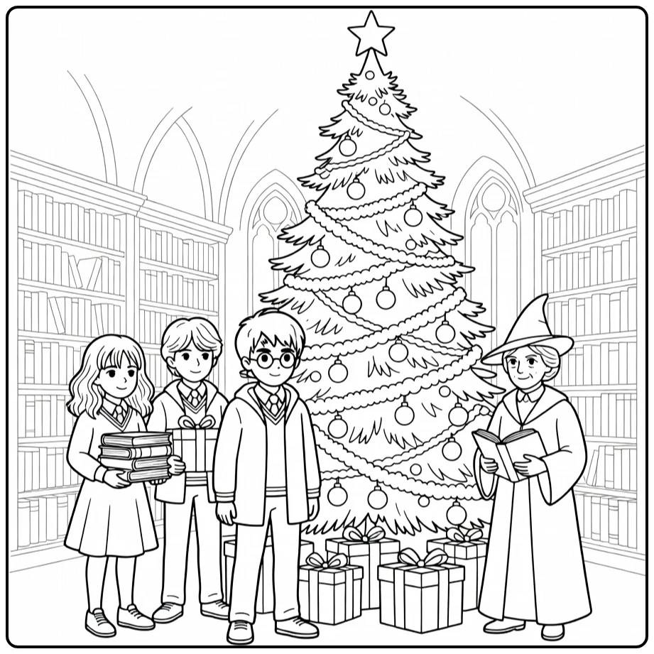 harry potter kerst kleurplaat met kerstboom in Hogwarts bibliotheek
