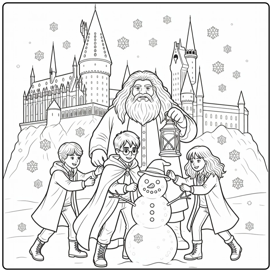 harry potter kerst kleurplaat sneeuw Hogwarts met Ron Hermione