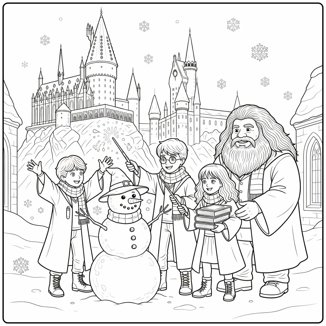 harry potter kerst kleurplaat sneeuwman met vrienden Hogwarts
