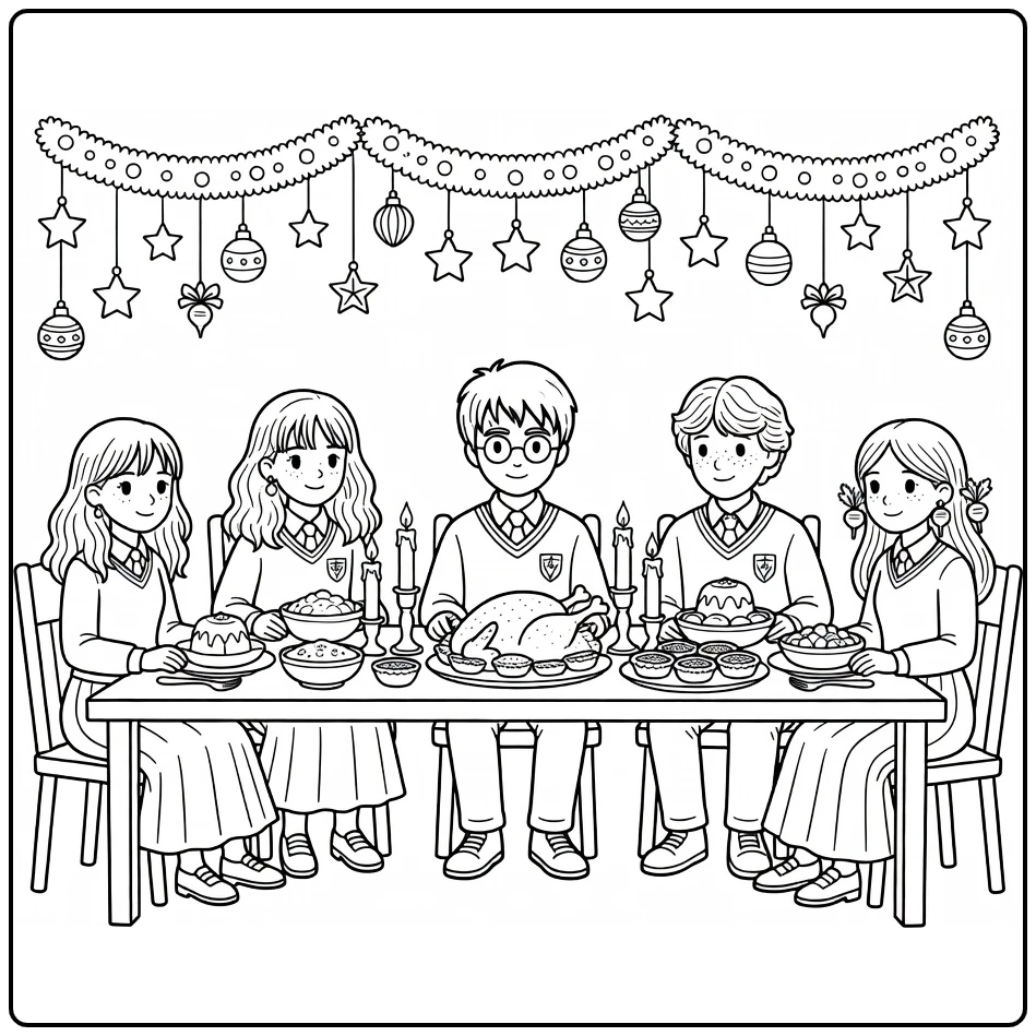 harry potter kerst kleurplaat Harry en vrienden aan feesttafel