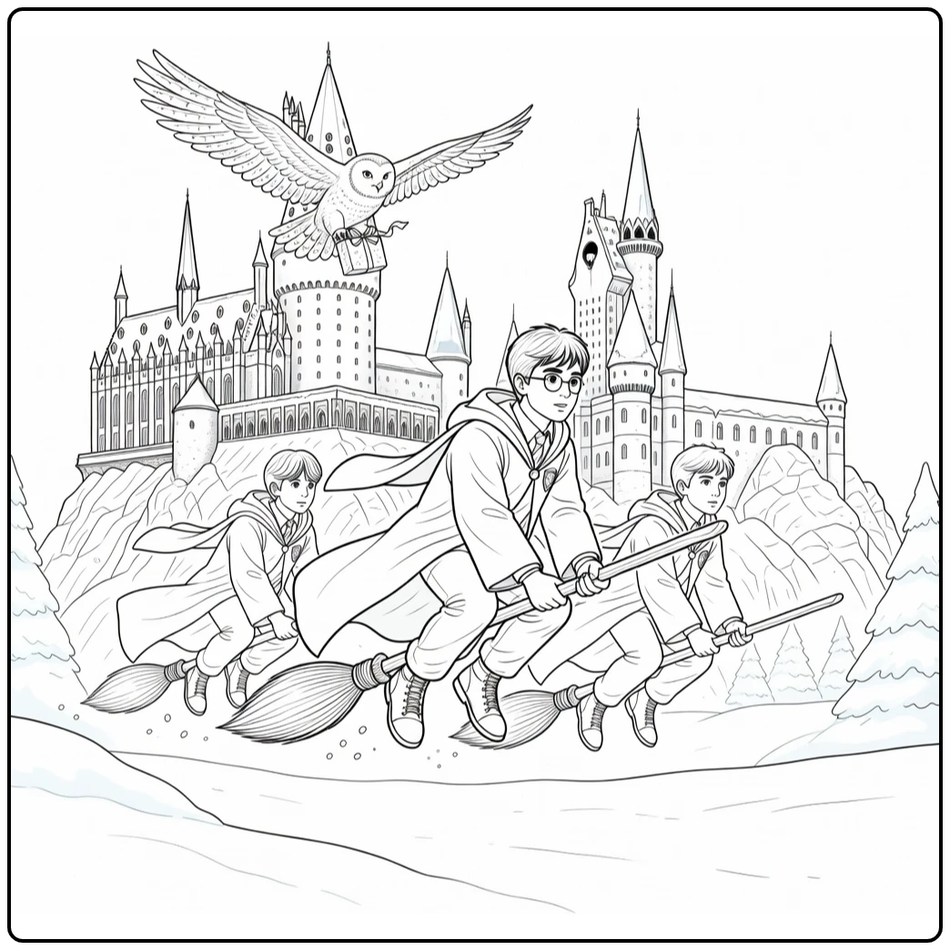 harry potter kerst kleurplaat Harry op bezem boven sneeuw Hogwarts