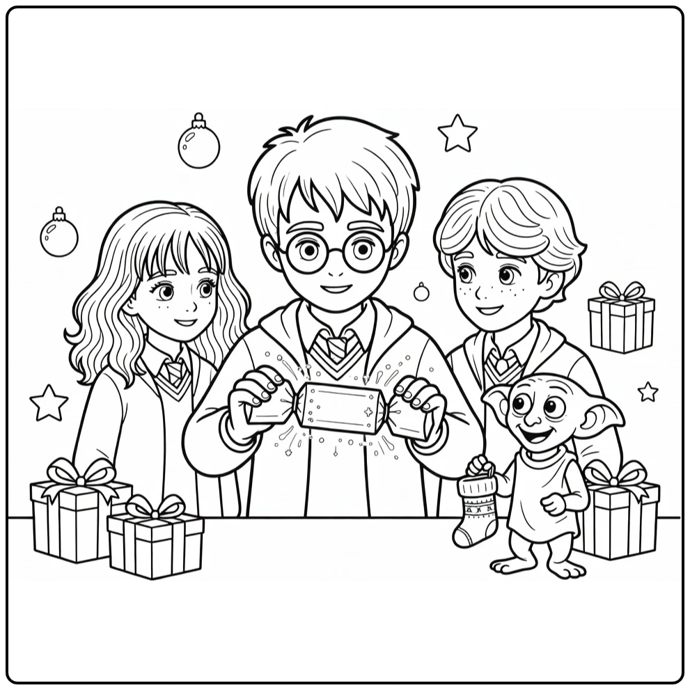 Harry Potter kerst kleurplaat: Harry opent cracker met Hermione, Ron, Dobby